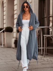 EMERY ROSE Drop Shoulder Drawstring Hem Zip Up Hoodie,Long Sleeve Tops Fall Sweatshirt - Dark Grey - View 3