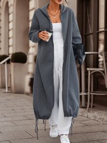 EMERY ROSE Drop Shoulder Drawstring Hem Zip Up Hoodie,Long Sleeve Tops Fall Sweatshirt - Dark Grey - View 5