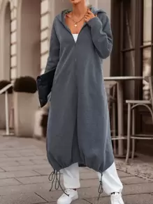 EMERY ROSE Drop Shoulder Drawstring Hem Zip Up Hoodie,Long Sleeve Tops Fall Sweatshirt - Dark Grey - View 6