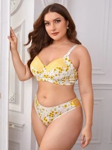 Plus Floral Print Contrast Lace Underwire Lingerie Set - Multicolor - View 5