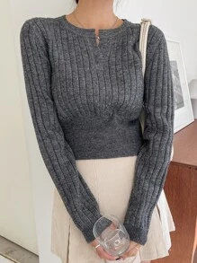 DAZY Marled Knit Notched Neck Jumper - Dark Grey - View 2