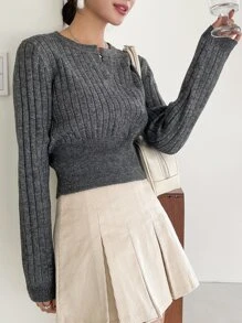 DAZY Marled Knit Notched Neck Jumper - Dark Grey - View 3