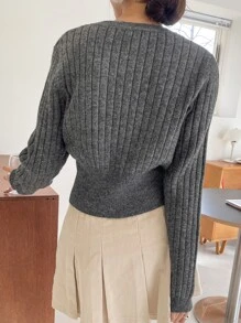 DAZY Marled Knit Notched Neck Jumper - Dark Grey - View 4