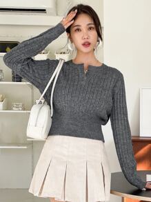 DAZY Marled Knit Notched Neck Jumper - Dark Grey - View 6