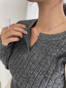 DAZY Marled Knit Notched Neck Jumper - Dark Grey - View 7