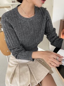 DAZY Marled Knit Notched Neck Jumper - Dark Grey - View 8