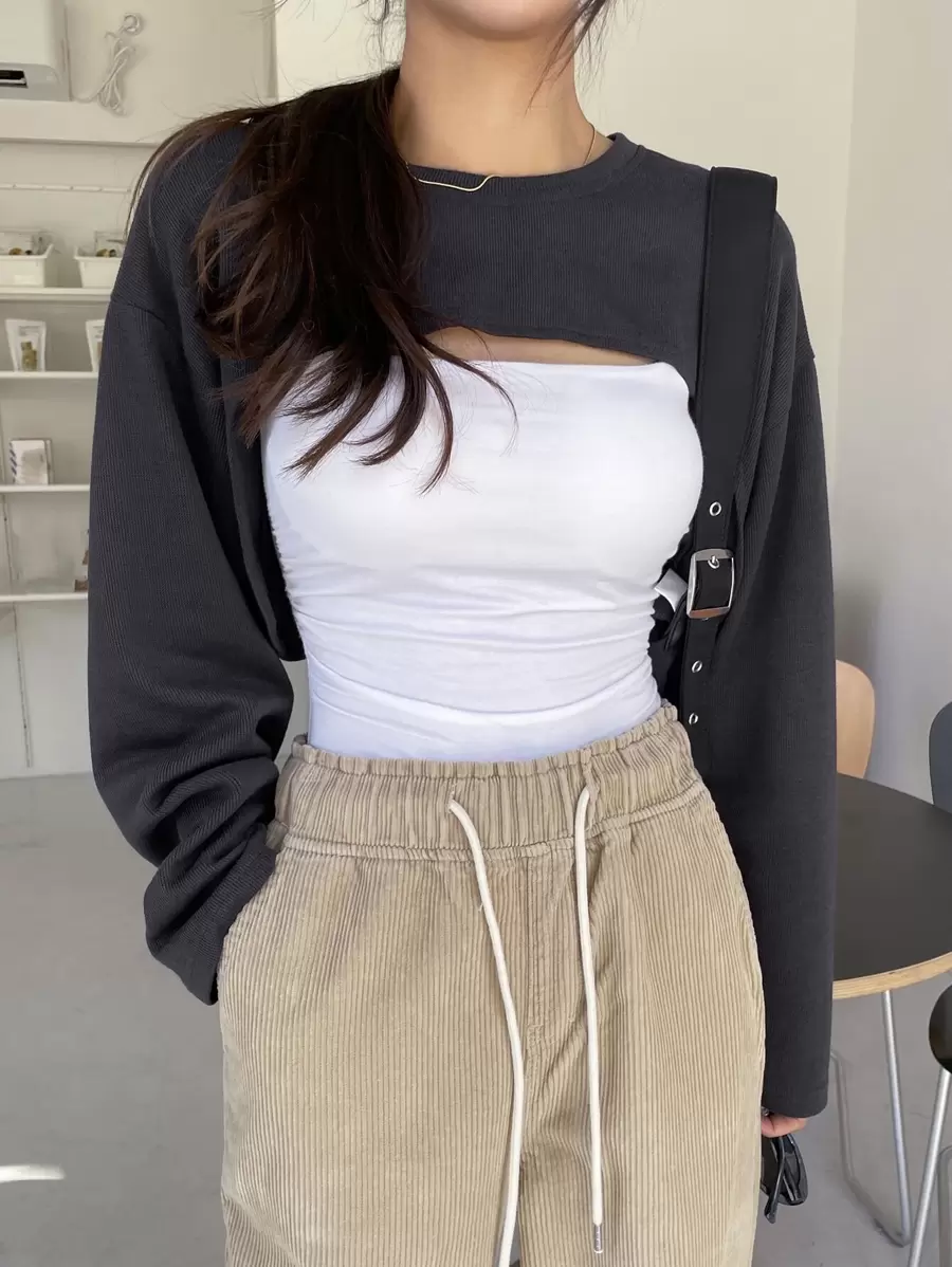 DAZY 纯色落肩超短款上衣（不含吊带背心）节日、秋季服装、返校服装长袖女式上衣