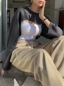 DAZY 纯色落肩超短款上衣（不含吊带背心）节日、秋季服装、返校服装长袖女式上衣