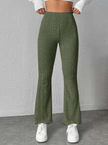 SHEIN PETITE Pantalones acampanados tejido de canalé - Verde militar - Ver 1