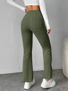 SHEIN PETITE Pantalones acampanados tejido de canalé - Verde militar - Ver 2