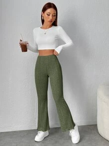 SHEIN PETITE Pantalones acampanados tejido de canalé - Verde militar - Ver 4