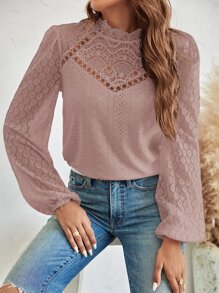 SHEIN Frenchy 拼接水溶蕾絲燈籠袖上衣 - 藕粉色 - 查看 1