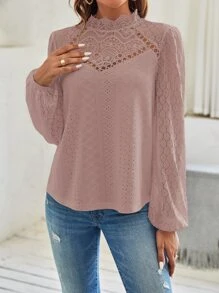 SHEIN Frenchy 拼接水溶蕾絲燈籠袖上衣 - 藕粉色 - 查看 4