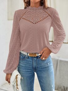 SHEIN Frenchy 拼接水溶蕾絲燈籠袖上衣 - 藕粉色 - 查看 5