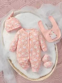 SHEIN 嬰兒女孩新生兒卡通圖形連身衣&帽子&圍嘴&手套