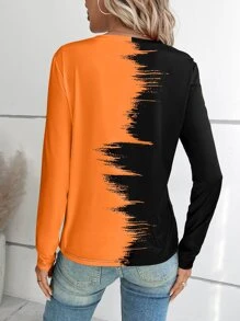 SHEIN LUNE Two Tone V Neck Tee Graphic Tees Women Tops - Multicolor - View 2