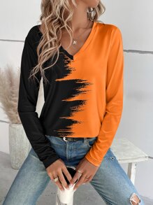 SHEIN LUNE Two Tone V Neck Tee Graphic Tees Women Tops - Multicolor - View 3