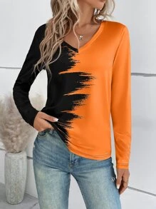 SHEIN LUNE Two Tone V Neck Tee Graphic Tees Women Tops - Multicolor - View 5