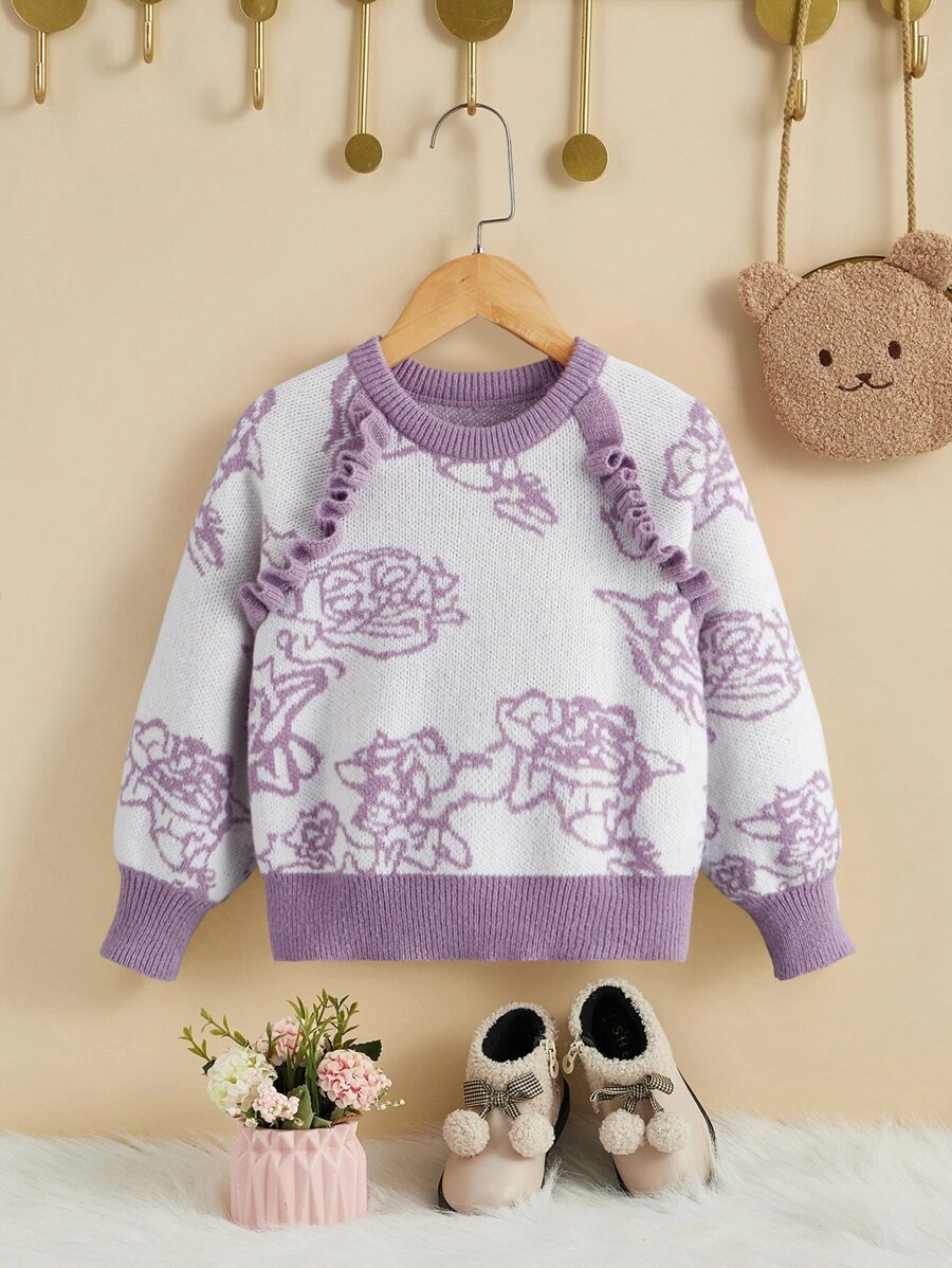 Toddler Girls Floral Pattern Frill Trim Raglan Sleeve Jumper - Multicolor - View 1