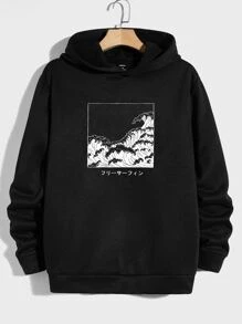 GENTILAND Áo hoodie giữ nhiệt in hình sóng và chữ tiếng Nhật dáng rộng cho nam - màu đen - Xem 1