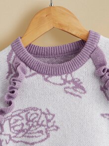 Toddler Girls Floral Pattern Frill Trim Raglan Sleeve Jumper - Multicolor - View 3