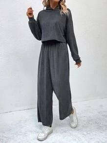 SHEIN LUNE Drop Shoulder Hoodie & Wide Leg Trousers - Grey - View 1