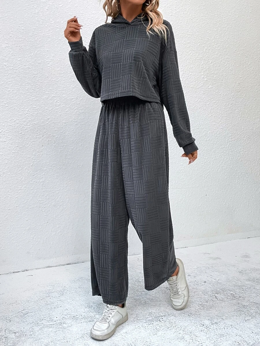 SHEIN LUNE Drop Shoulder Hoodie & Wide Leg Trousers - Grey - View 1