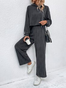 SHEIN LUNE Drop Shoulder Hoodie & Wide Leg Trousers - Grey - View 3