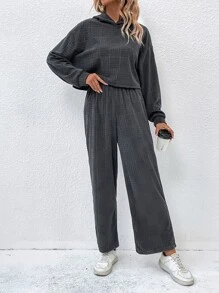 SHEIN LUNE Drop Shoulder Hoodie & Wide Leg Trousers - Grey - View 4