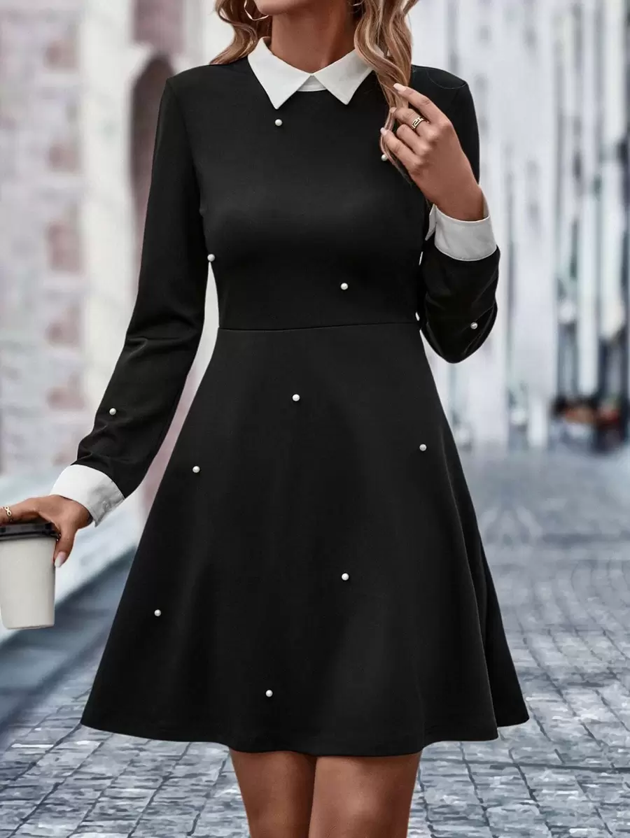 SHEIN Unity Pearls Beaded Contrast Collar Dress - Black - View 1