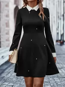 SHEIN Unity Pearls Beaded Contrast Collar Dress - Black - View 3