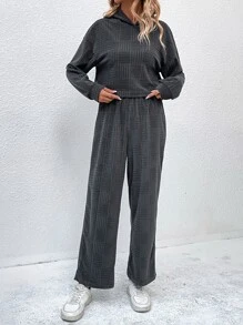 SHEIN LUNE Drop Shoulder Hoodie & Wide Leg Trousers - Grey - View 6