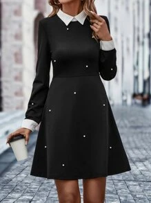SHEIN Unity Pearls Beaded Contrast Collar Dress - Black - View 4