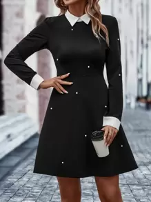 SHEIN Unity Pearls Beaded Contrast Collar Dress - Black - View 5