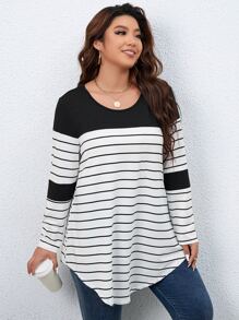 SHEIN LUNE 加大条纹印花落肩 T 恤 图案 T 恤 女式上衣 - 黑與白 - 查看 3