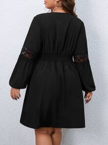 SHEIN Franclia Plus Guipure Lace Insert Lantern Sleeve Dress - Black - View 2