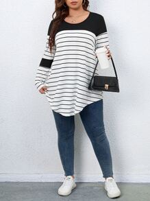 SHEIN LUNE 加大条纹印花落肩 T 恤 图案 T 恤 女式上衣 - 黑與白 - 查看 4