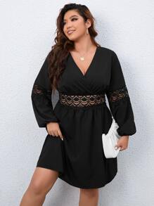 SHEIN Franclia Plus Guipure Lace Insert Lantern Sleeve Dress - Black - View 4
