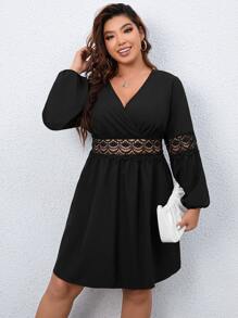 SHEIN Franclia Plus Guipure Lace Insert Lantern Sleeve Dress - Black - View 5