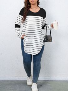 SHEIN LUNE 加大条纹印花落肩 T 恤 图案 T 恤 女式上衣 - 黑與白 - 查看 7