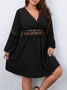 SHEIN Franclia Plus Guipure Lace Insert Lantern Sleeve Dress - Black - View 6