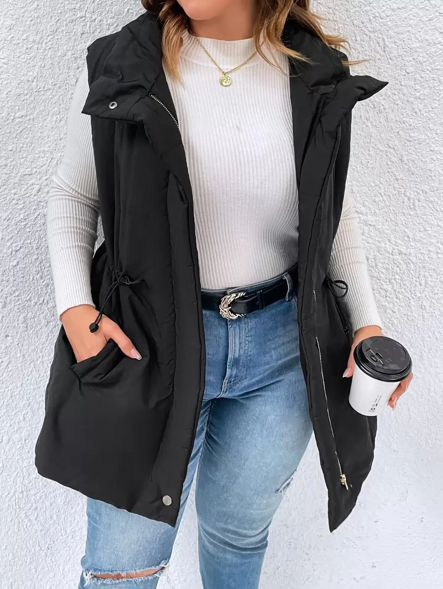 SHEIN LUNE Plus Drawstring Waist Zipper Hooded Vest Padded Padded Coat, For Winter Clothes Fall Autumn - Black - View 1