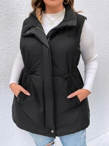 SHEIN LUNE Plus Drawstring Waist Zipper Hooded Vest Padded Padded Coat, For Winter Clothes Fall Autumn - Black - View 4