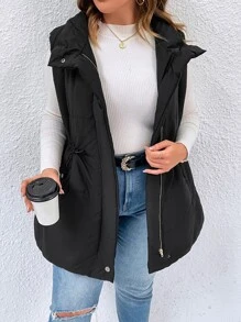 SHEIN LUNE Plus Drawstring Waist Zipper Hooded Vest Padded Padded Coat, For Winter Clothes Fall Autumn - Black - View 7