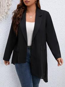 Plus Lapel Neck Sheer Mesh Back Asymmetrical Hem Flap Detail Coat - Black - View 1