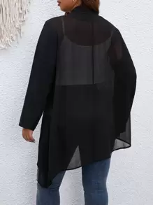 Plus Lapel Neck Sheer Mesh Back Asymmetrical Hem Flap Detail Coat - Black - View 2