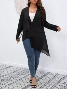 Plus Lapel Neck Sheer Mesh Back Asymmetrical Hem Flap Detail Coat - Black - View 3