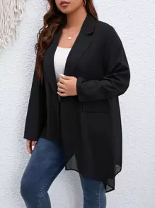 Plus Lapel Neck Sheer Mesh Back Asymmetrical Hem Flap Detail Coat - Black - View 4