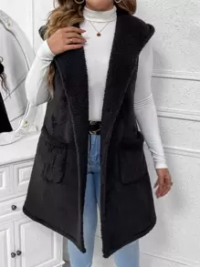 SHEIN LUNE Plus Dual Pocket Hooded Teddy Vest Coat - Black - View 1