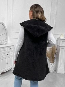 SHEIN LUNE Plus Dual Pocket Hooded Teddy Vest Coat - Black - View 2